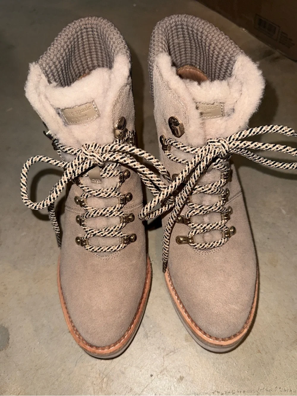 Kate Spade Willow Wedge Booties Taupe Suede Wedge with Shearling Trim